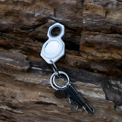 White zinc alloy Apple AirTag keychain case with protective cover and swivel keyring