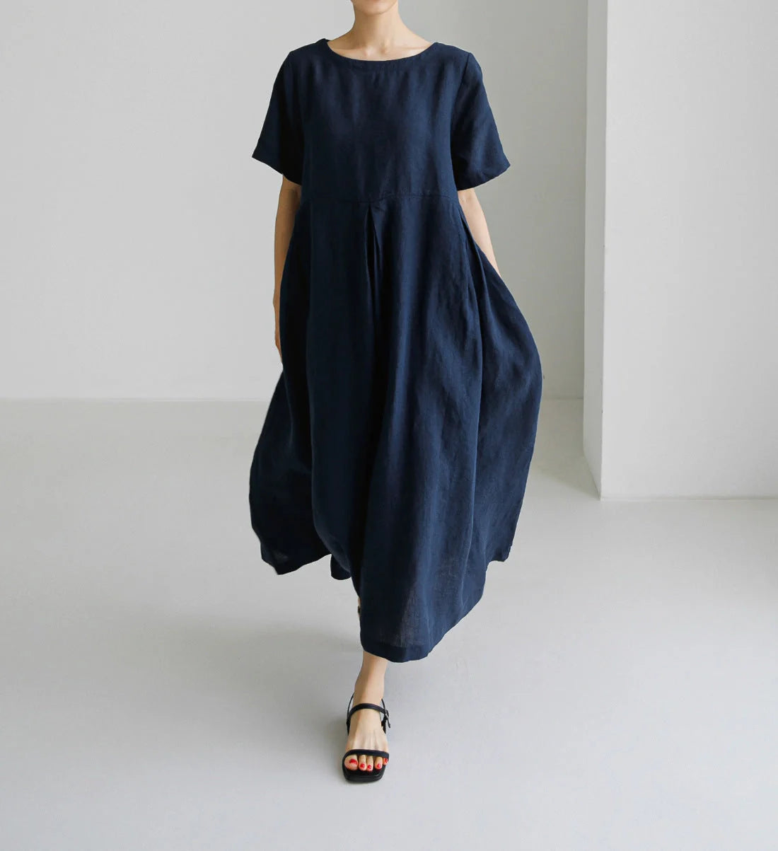 Loose cotton and linen pullover round neck dress in navy blue, army green, and apricot