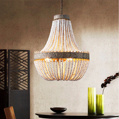 Distressed wooden bead chandelier with antique finish in retro American style for living room lighting