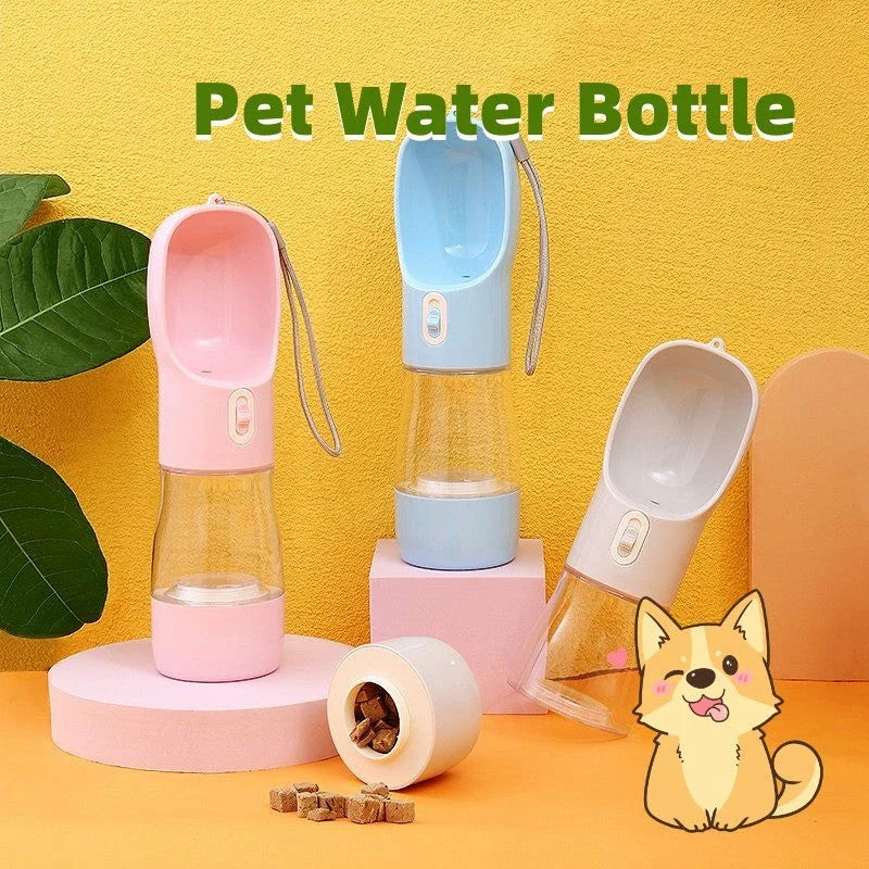 Portable Dog Water Bottle Feeder for outdoor adventures, available in blue, pink, green, and grey.