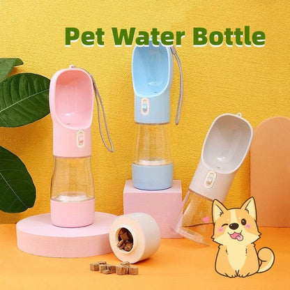 Portable Dog Water Bottle Feeder for outdoor adventures, available in blue, pink, green, and grey.