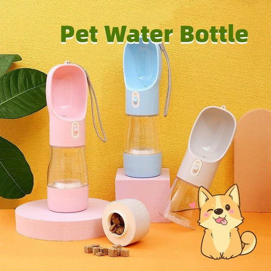 Portable Dog Water Bottle Feeder for outdoor adventures, available in blue, pink, green, and grey.