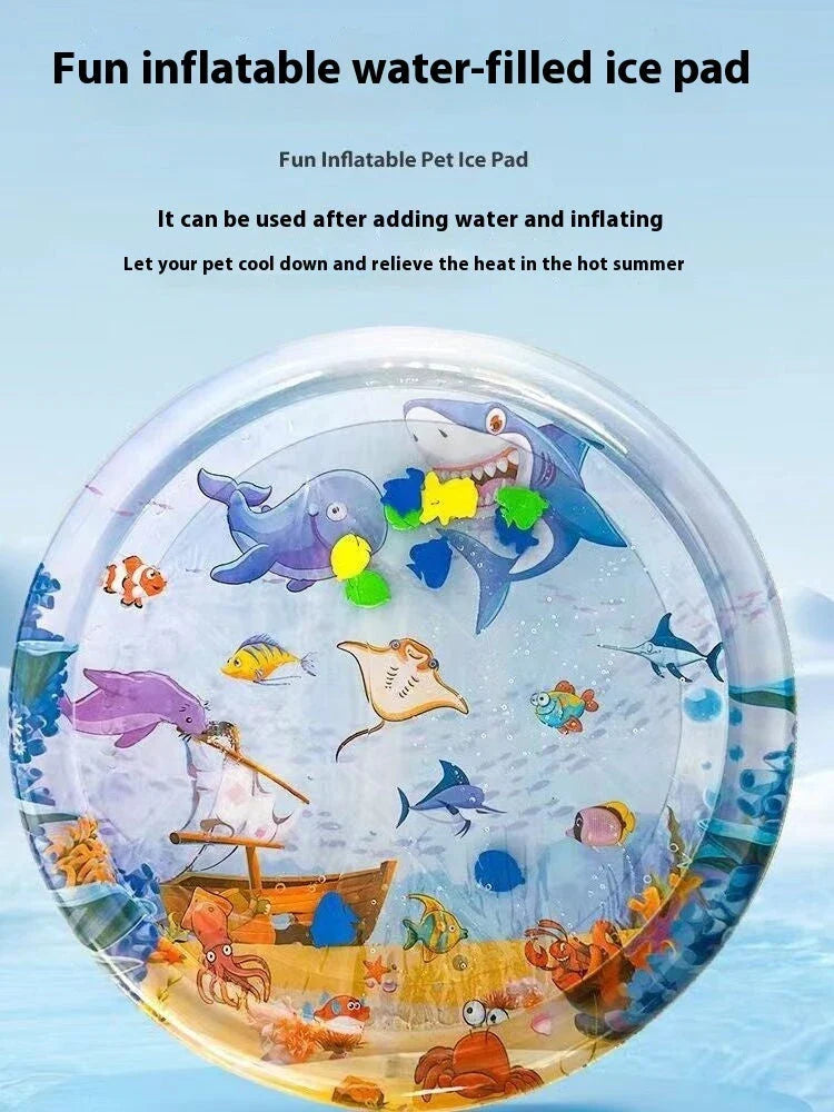 Chilled pet cooling water mat with ocean-themed designs for dogs and cats to stay cool and comfortable in summer