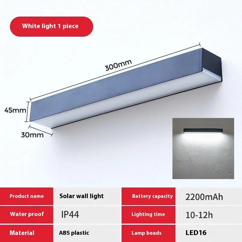 Black solar-powered outdoor wall lamp with IP65 waterproof rating for garden and patio lighting