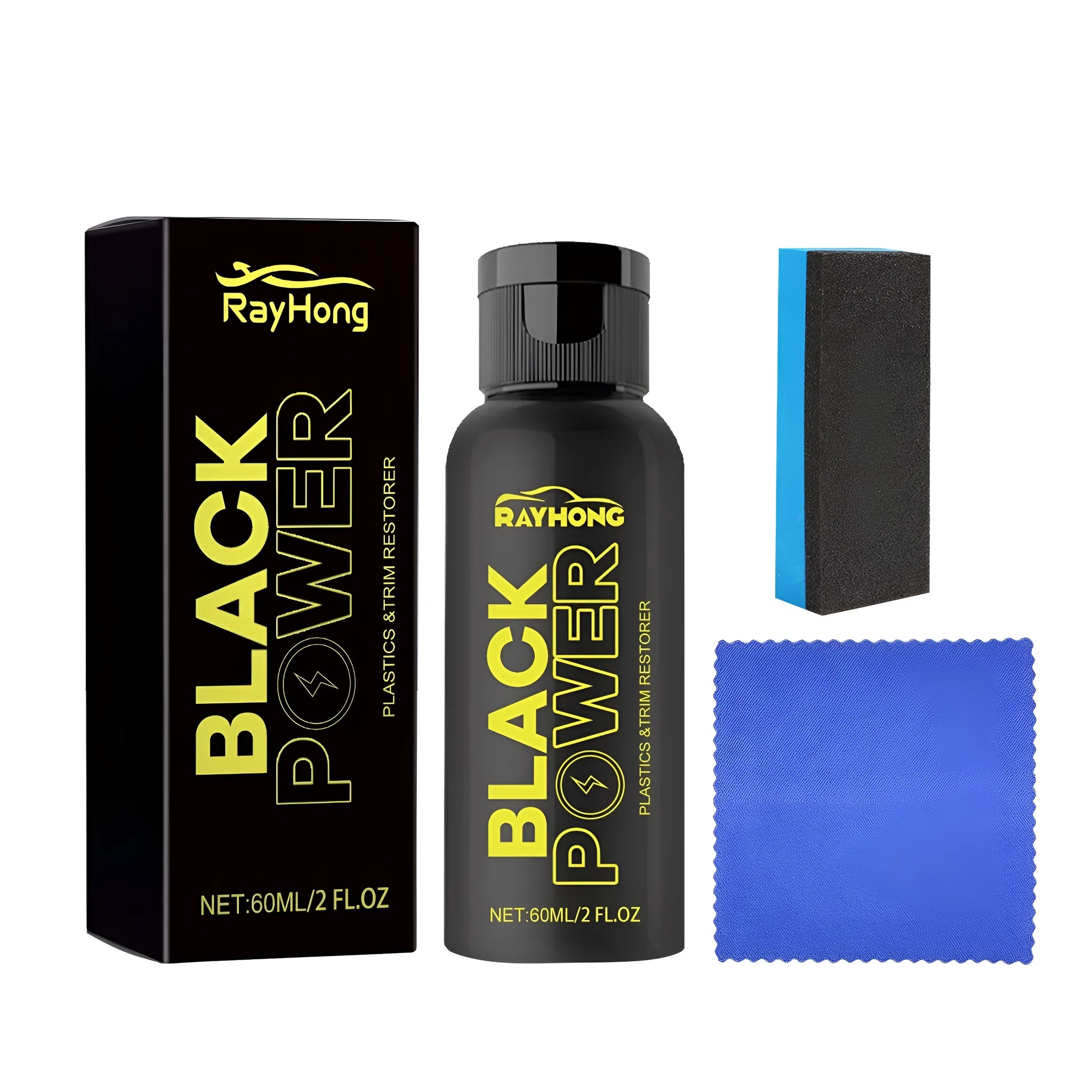 Automotive plastic refurbishment kit with 60ml bottle, sponge, and microfibre cloth for interior restoration