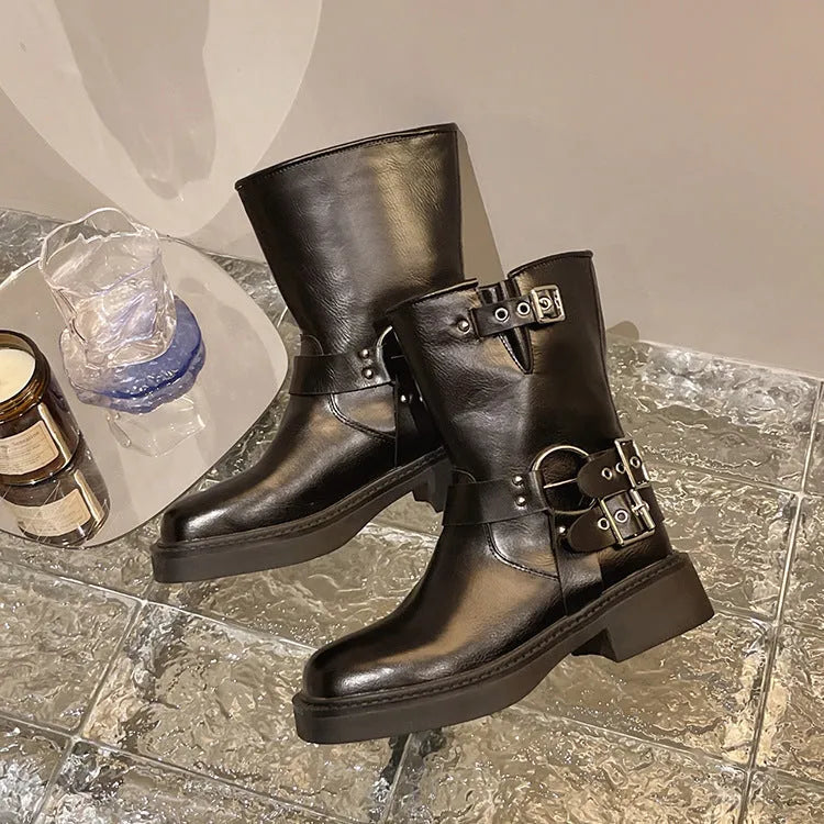 Women's thick-soled Martin boots in black Artificial PU, solid colour, side view