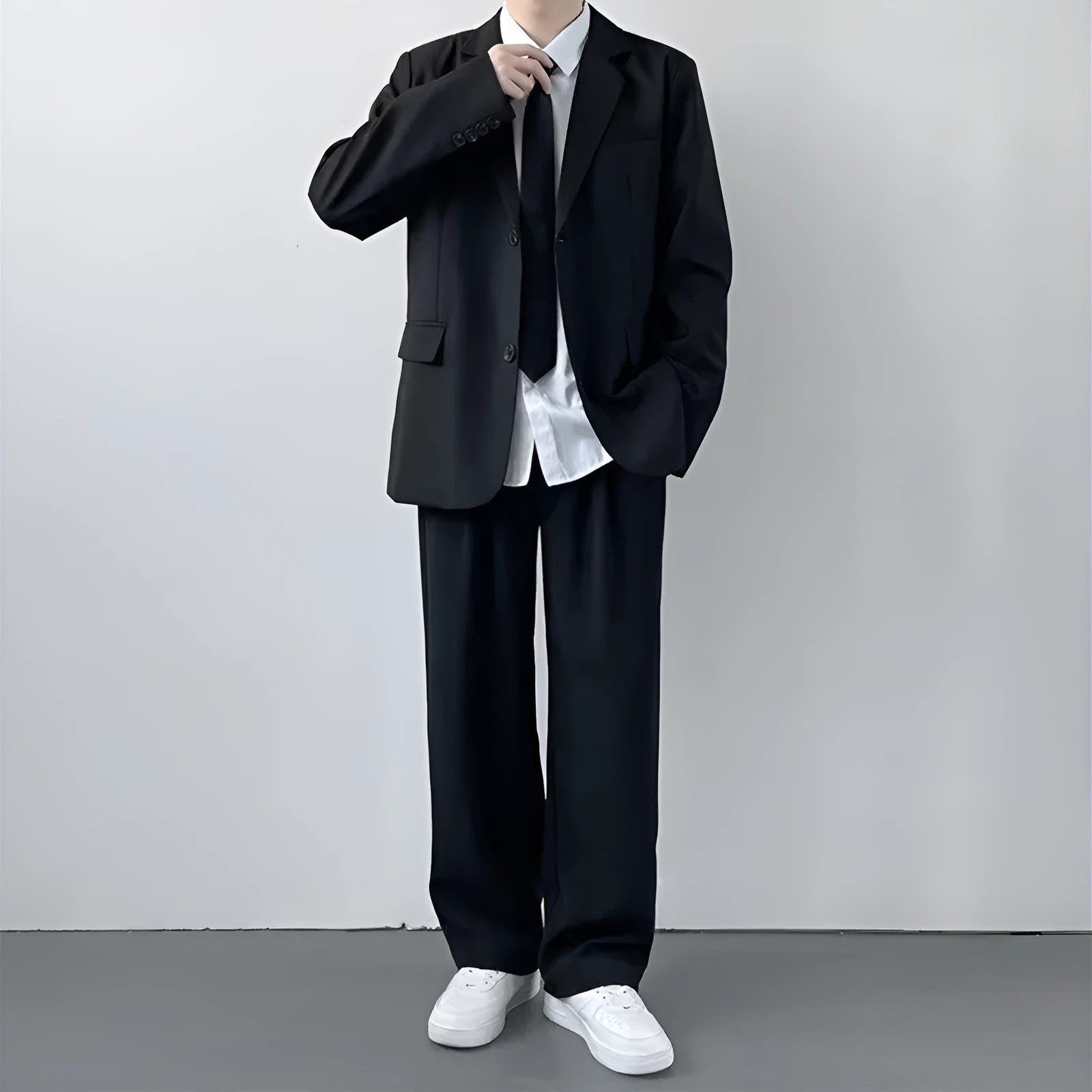 Plus size men's college style blazer and trousers suit set with white shirt and tie on hanger