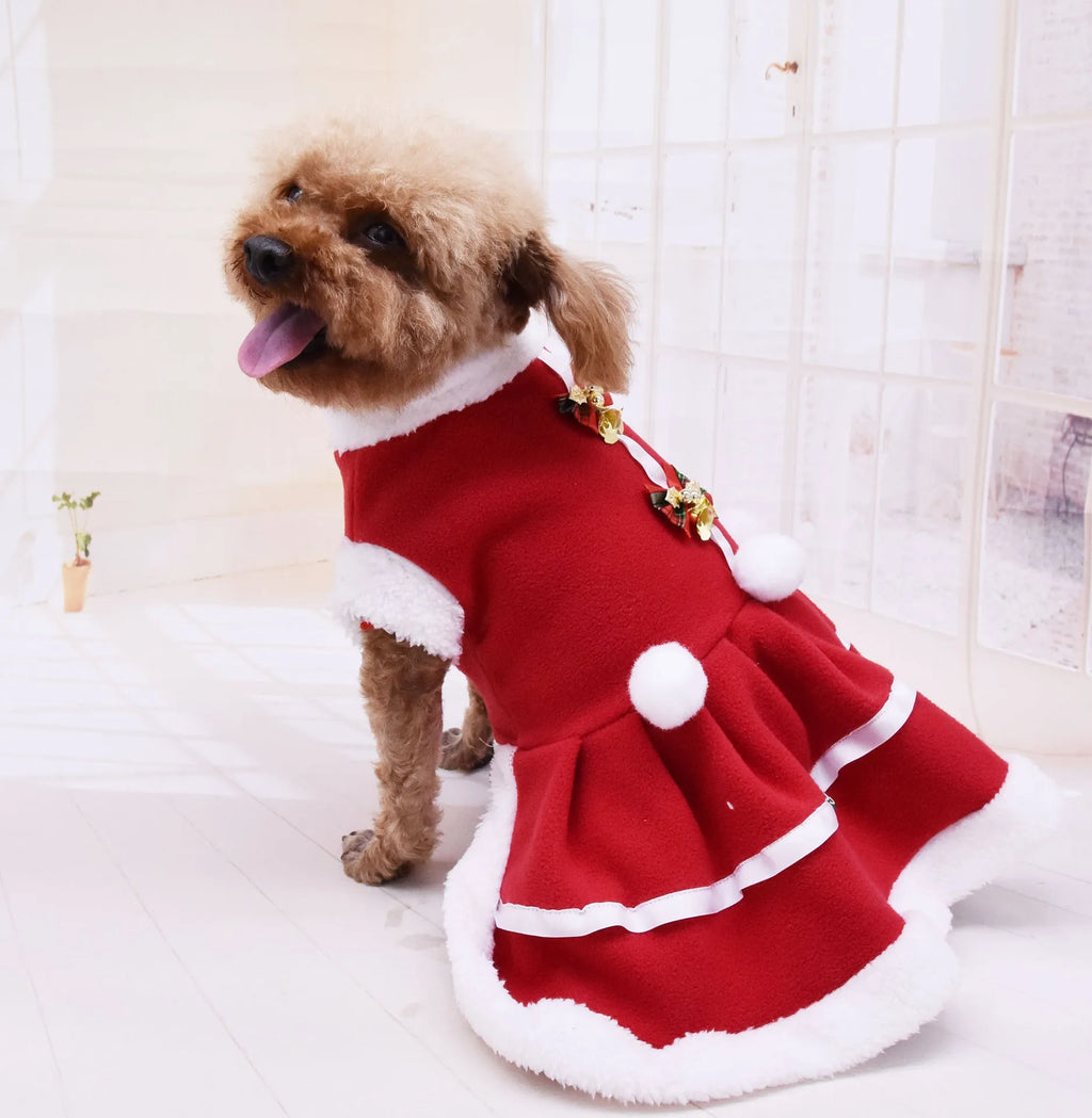 Red fleece Christmas dog dress with skirt design on a small dog, size S to XXL available.