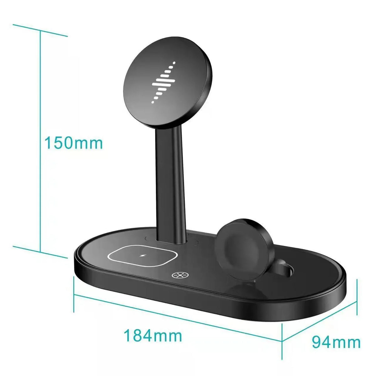 Multifunctional three-in-one magnetic wireless charger with phone holder in black, showing a smartphone upright on the stand