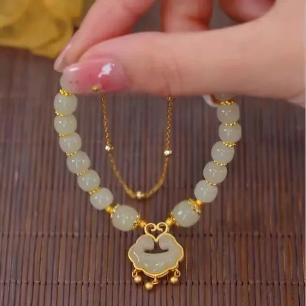 Green electroplated women's bracelet with safety lock pendant and double-layer design