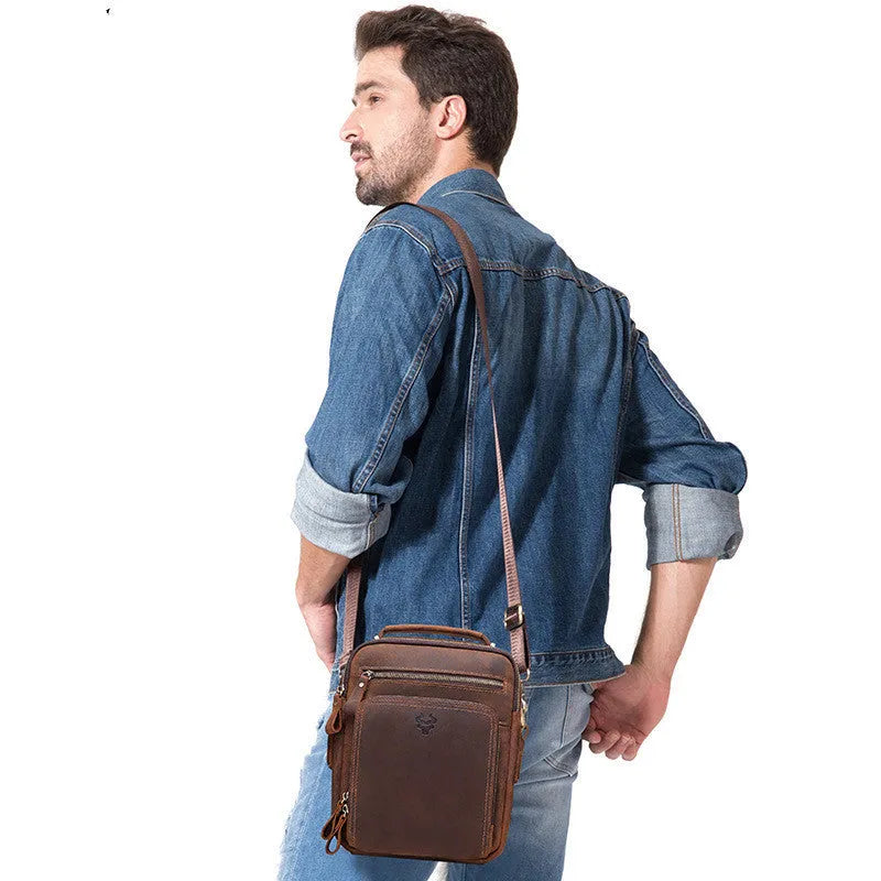 Men's brown genuine leather crossbody bag with retro sewing detail and single shoulder strap