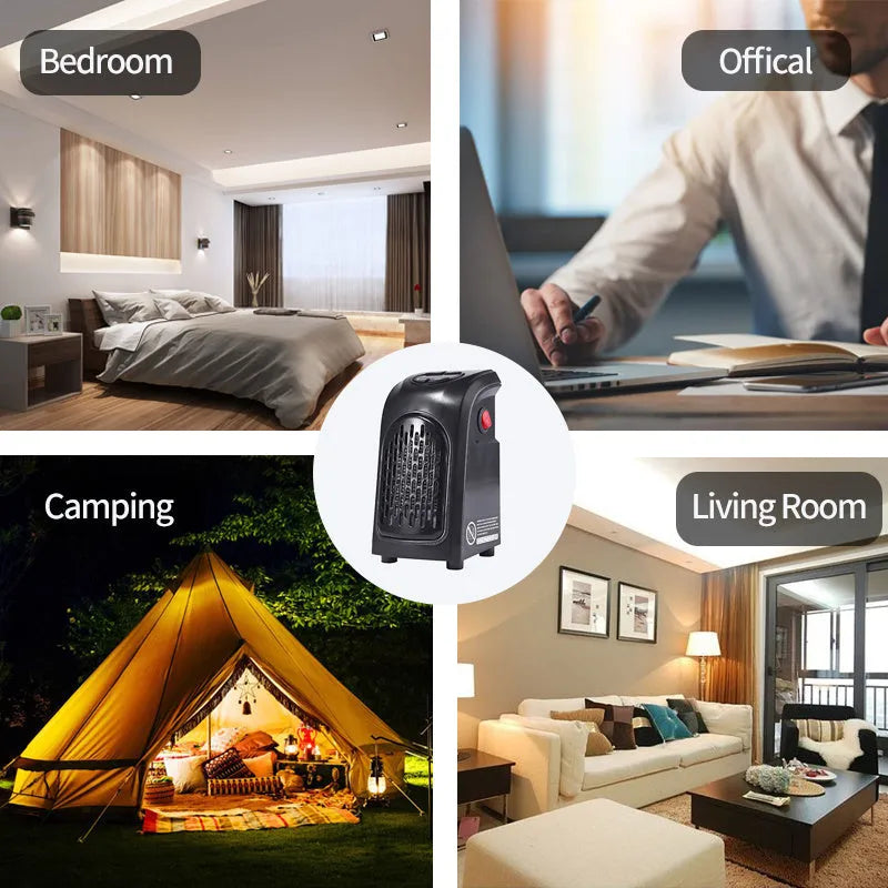 Compact black ceramic fan heater with rotatable EU plug on a desk