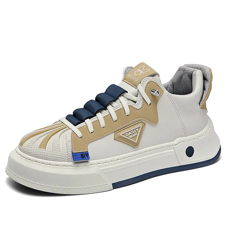 Men's low-top beige sneakers with elastic band and microfiber leather upper