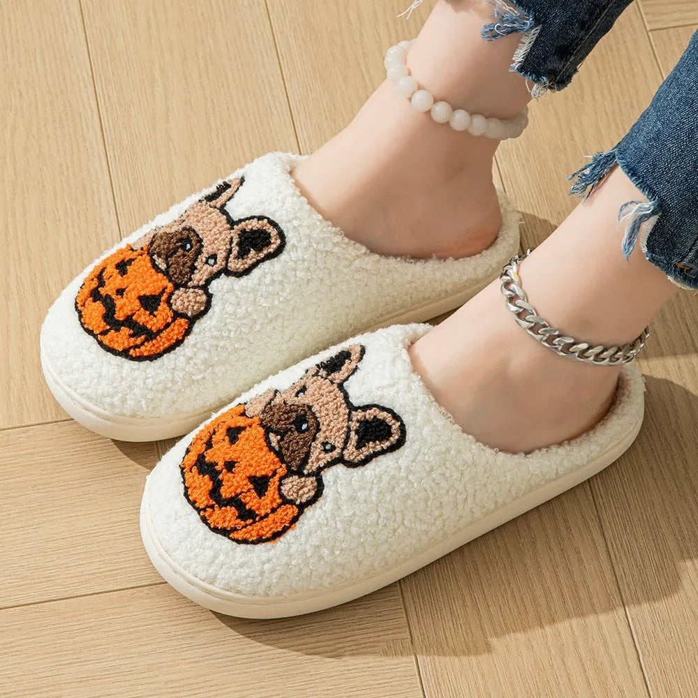 Halloween pumpkin slippers with plush upper and TPR rubber soles in black and white colours
