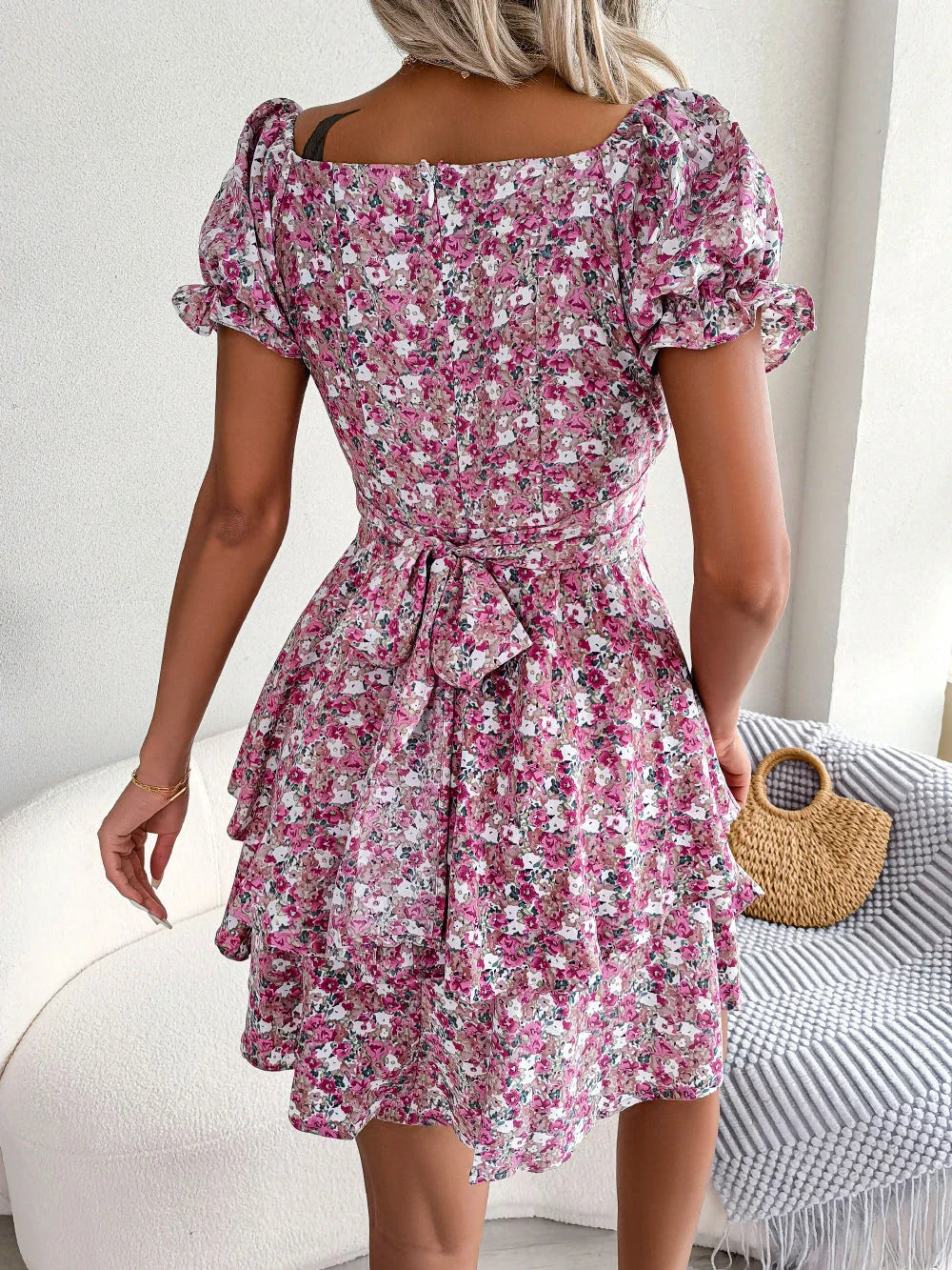 Stylish floral mini dress with ruffled hem, high waist, and short sleeves in various colors