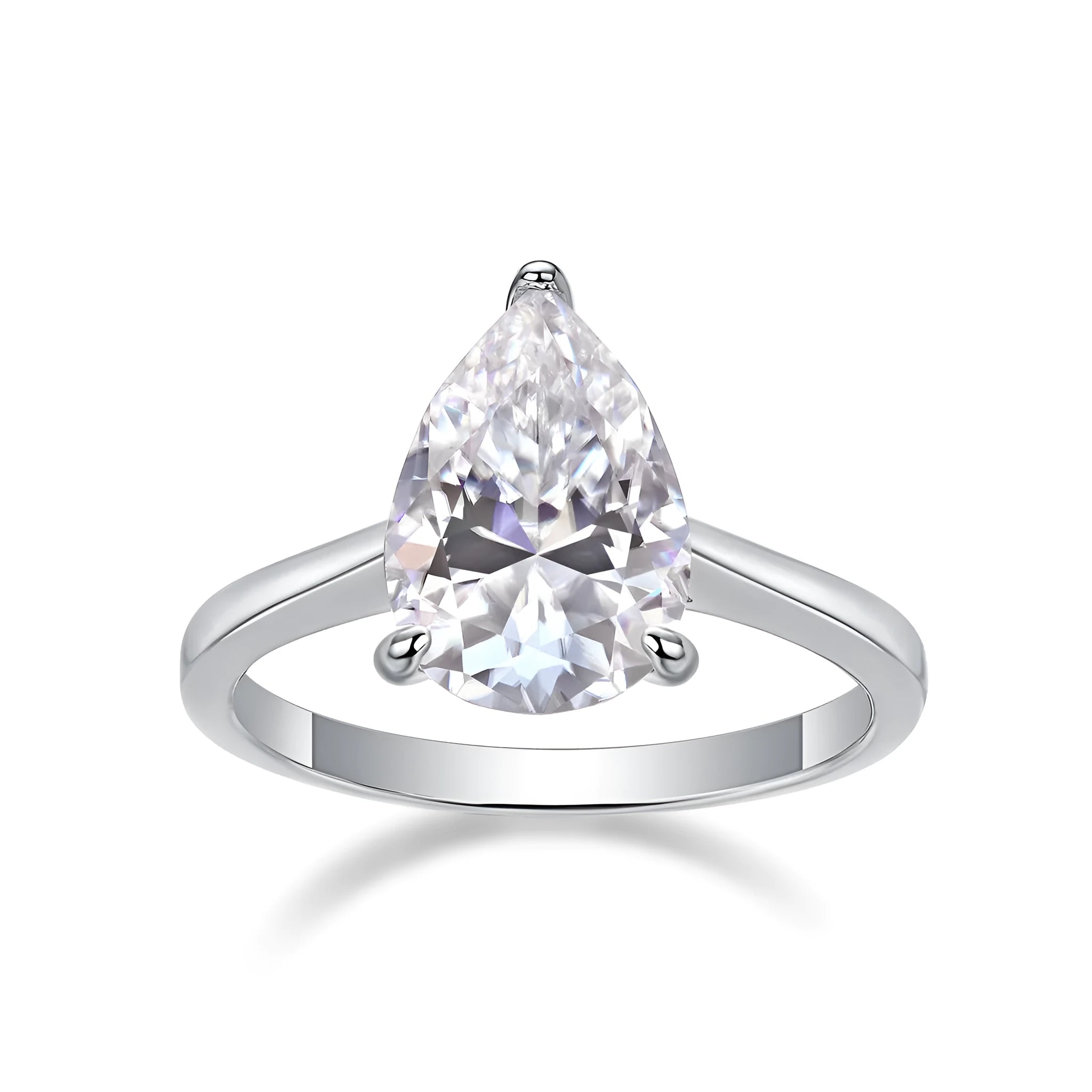 Heart-shaped pear-cut moissanite wedding ring set in S925 silver with platinum plating on white background