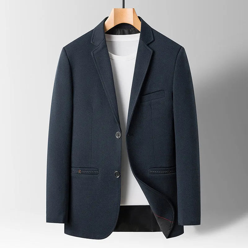 Spring men's tailored collar suit in blue, polyester non-ironing fabric, long sleeves, light business style