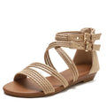 Women's open-toe Roman sandals with cross straps, a back zipper, and a wedge rubber sole.