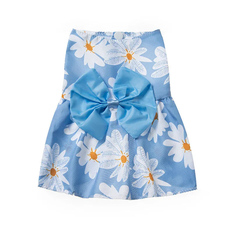 Ultra-thin floral butterfly knot princess dress for pets in summer, shown with colour bow options.
