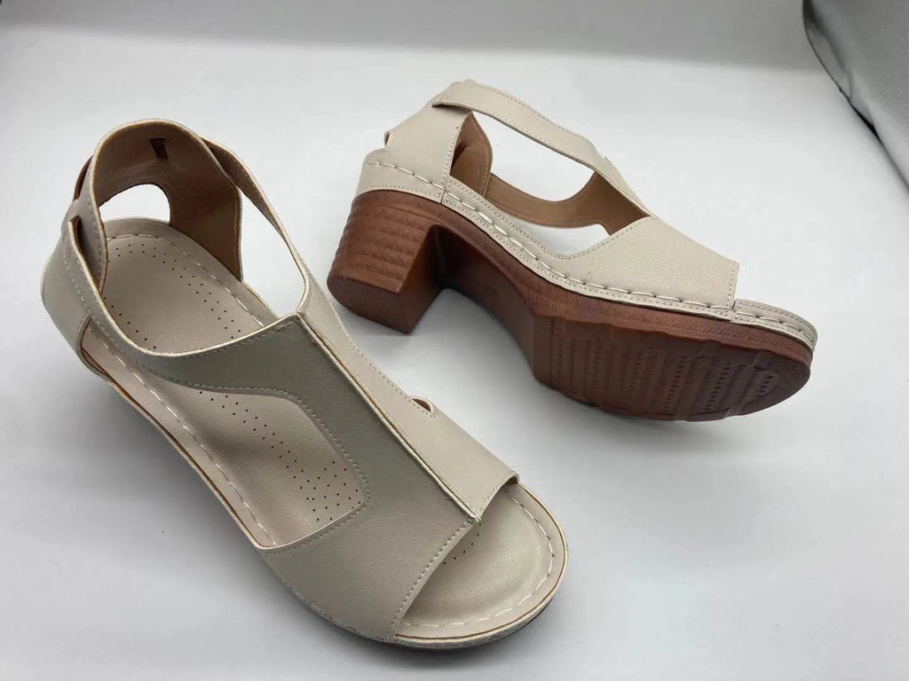 Women's peep toe Roman wedge sandals with buckle strap in light brown