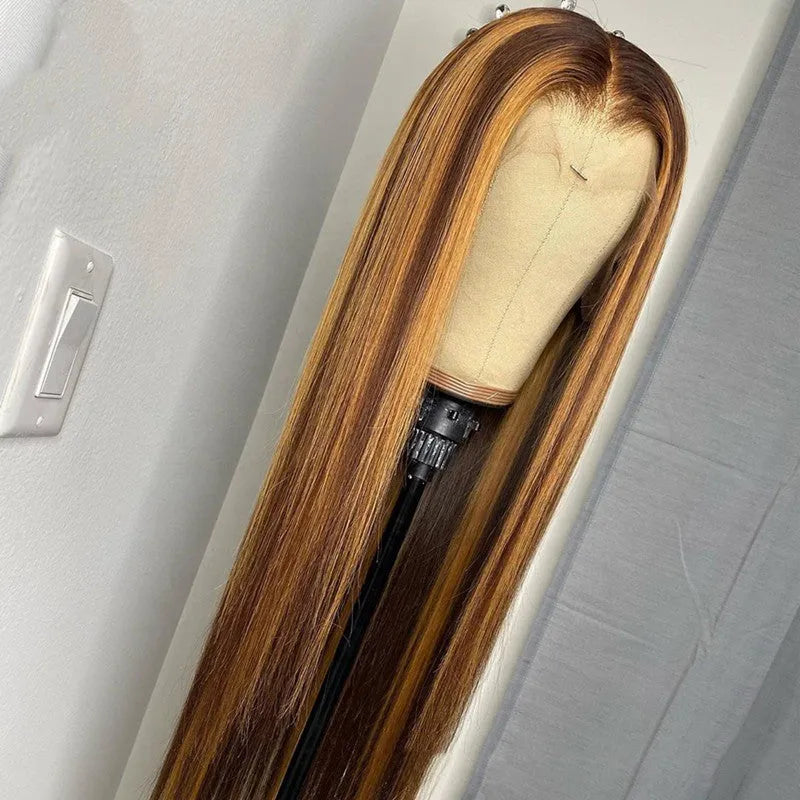Piano color real hair T-shaped headgear on display with lengths 10 to 26 inches