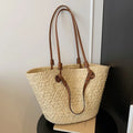 Beige and khaki woven bag with large capacity and dual shoulder or hand-carrying options in retro style