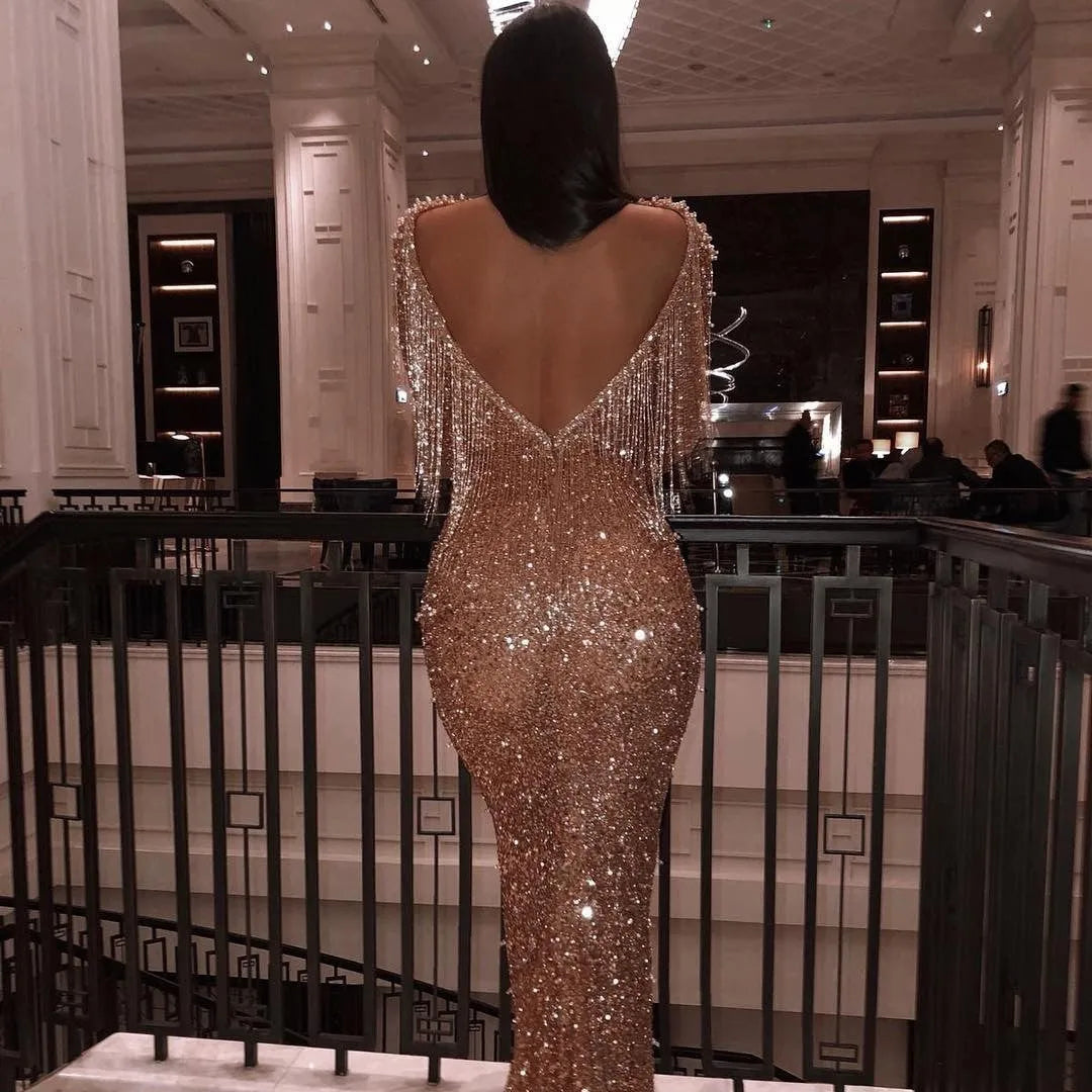Gold sequin backless long sleeves dress with long skirt and zipper closure for women