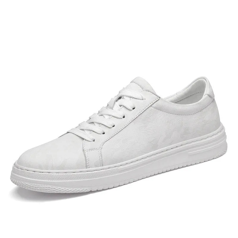 Men's white casual height increasing sneakers with hidden platform sole, low-top design, and lace-up closure