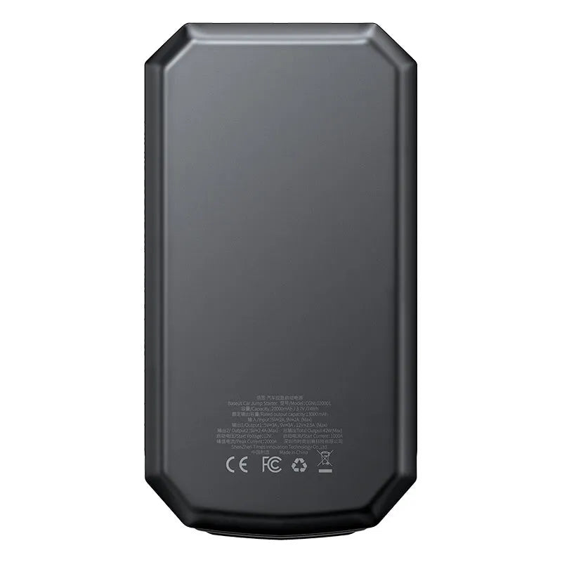Baseus Super Energy Max black portable car jump starter with 20000mAh battery and 2000A peak current on a dark background