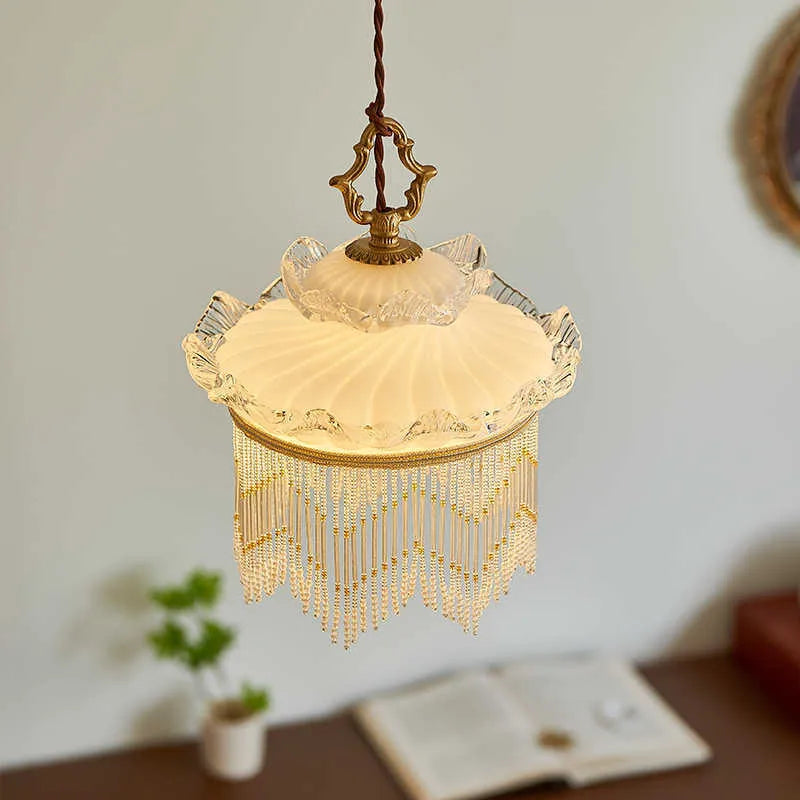 Copper and glass chandelier with tassel droplight for dining room or hallway