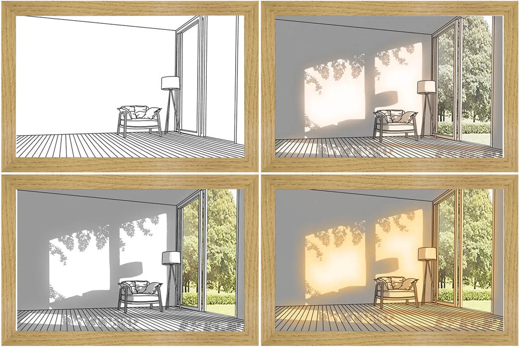 Illuminated LED decorative picture frame showing a scenic print with soft backlighting, featuring a wooden frame and a button switch.