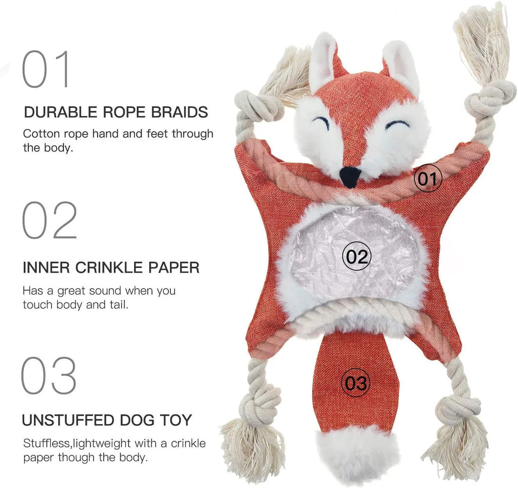 Fox-shaped plush dog toy with rope arms and legs in brown colour