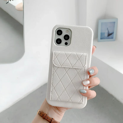 Tide brand black imitation leather iPhone case with card holder slot, fits models 7 to 12 Pro Max, slim back cover design