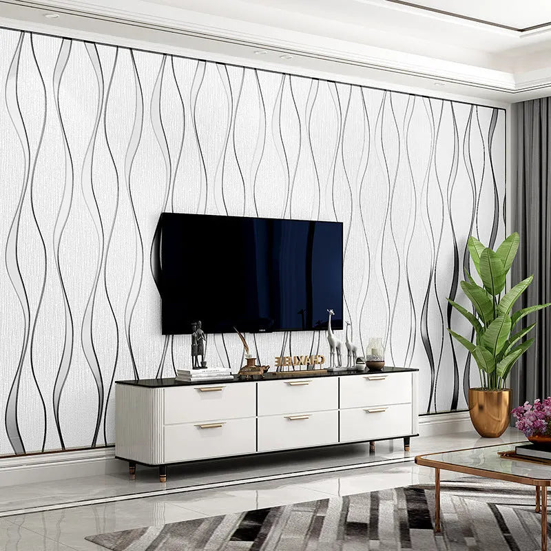 Close-up of light grey 3D Curve Stripe pattern on thick velvet wallpaper texture.