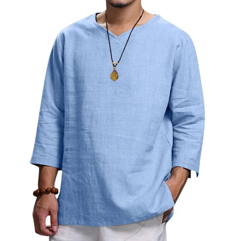 Men's loose V-neck top in hemp blend fabric, available in multiple colours