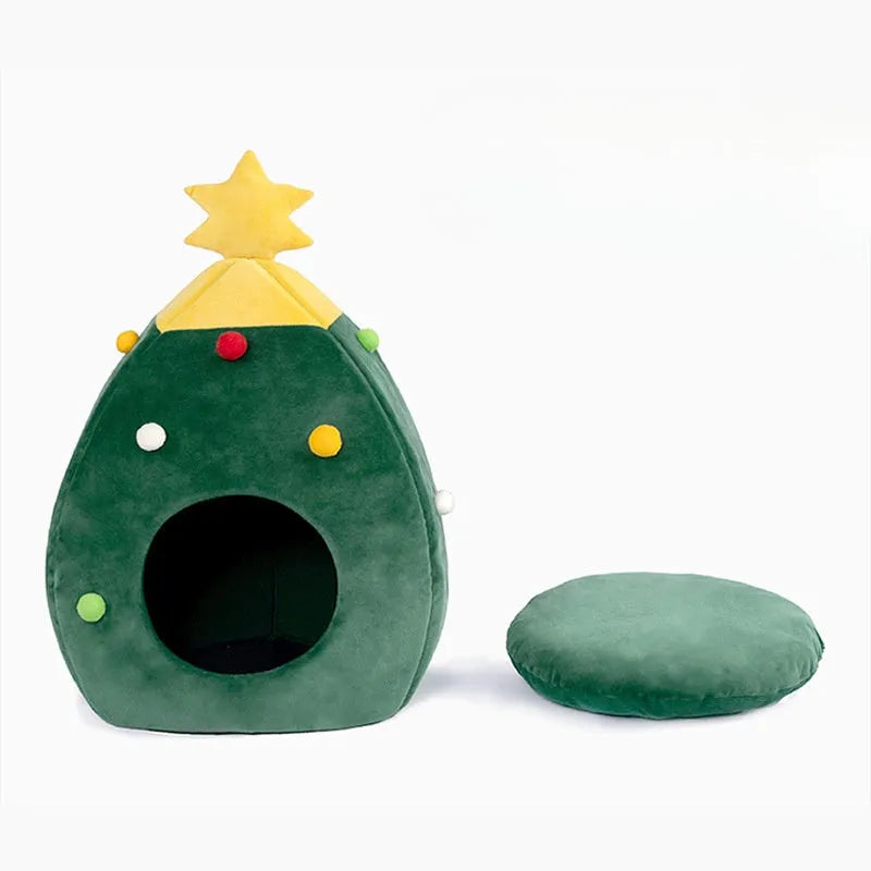 Christmas tree-shaped pet cave bed with plush fabric in three size options for cats and small dogs