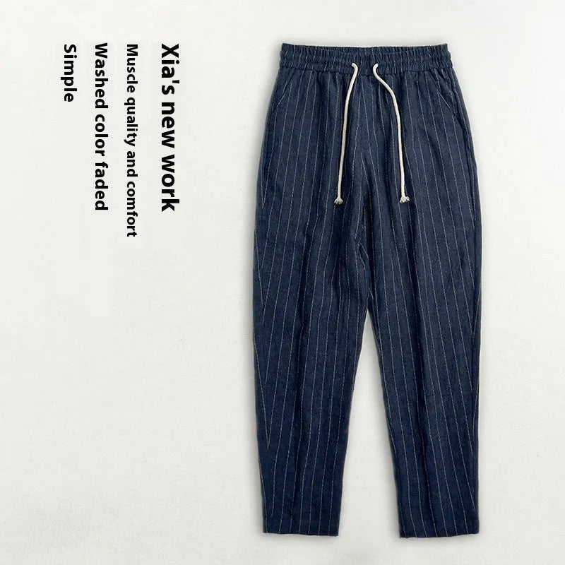 Men's thin cotton linen casual trousers in a cropped length, shown in a striped pattern.