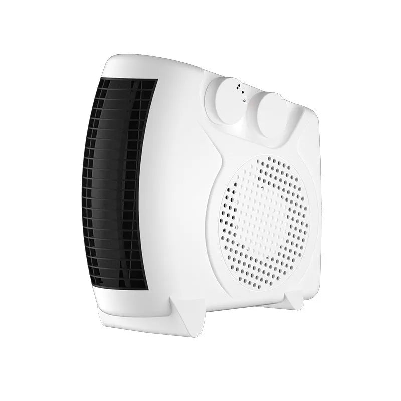 White compact desktop electric heater with ceramic heating element showing front ventilation grille