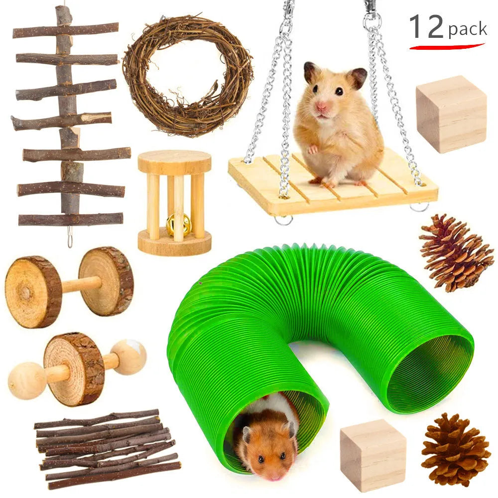 Wooden pet toy set for rabbits, guinea pigs, and parrots with various chew items