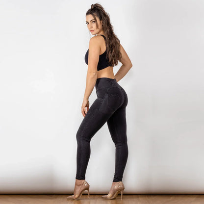 Black women's high waist jeans with button-up hip raise in British style