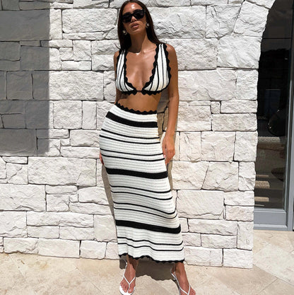 Women's striped cotton bikini and skirt set for beach summer wear