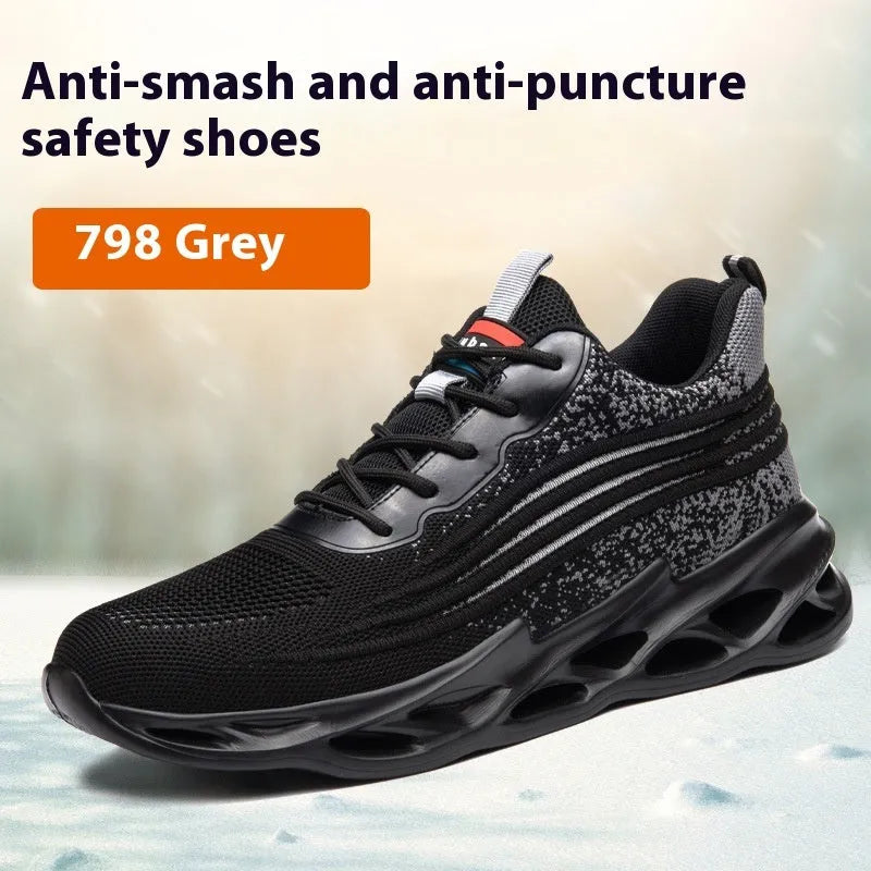 Lightweight brown leather steel toe cap safety work boots on a worksite background.