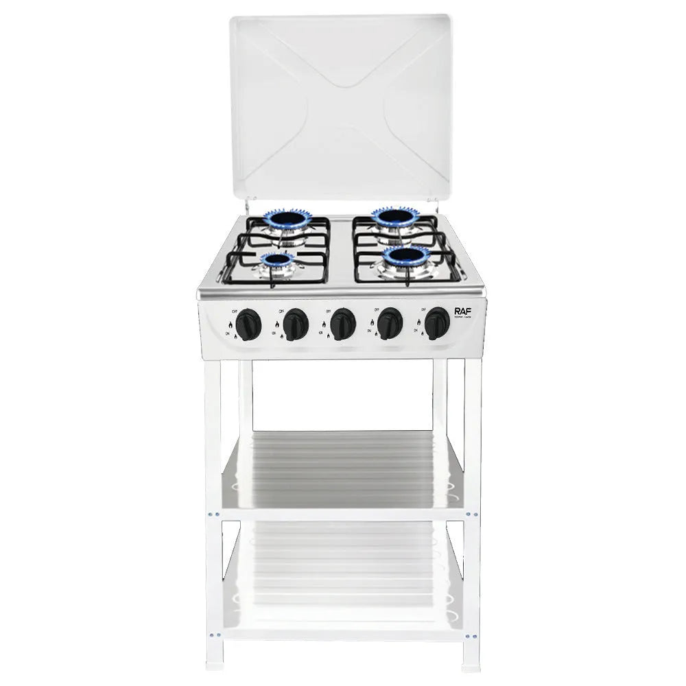 European-style vertical split stove gas cooker with metal rack on white background