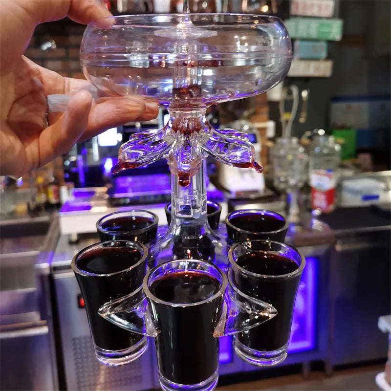 Clear six-shot glass dispenser rack holding six shot cups, bar accessory for parties.
