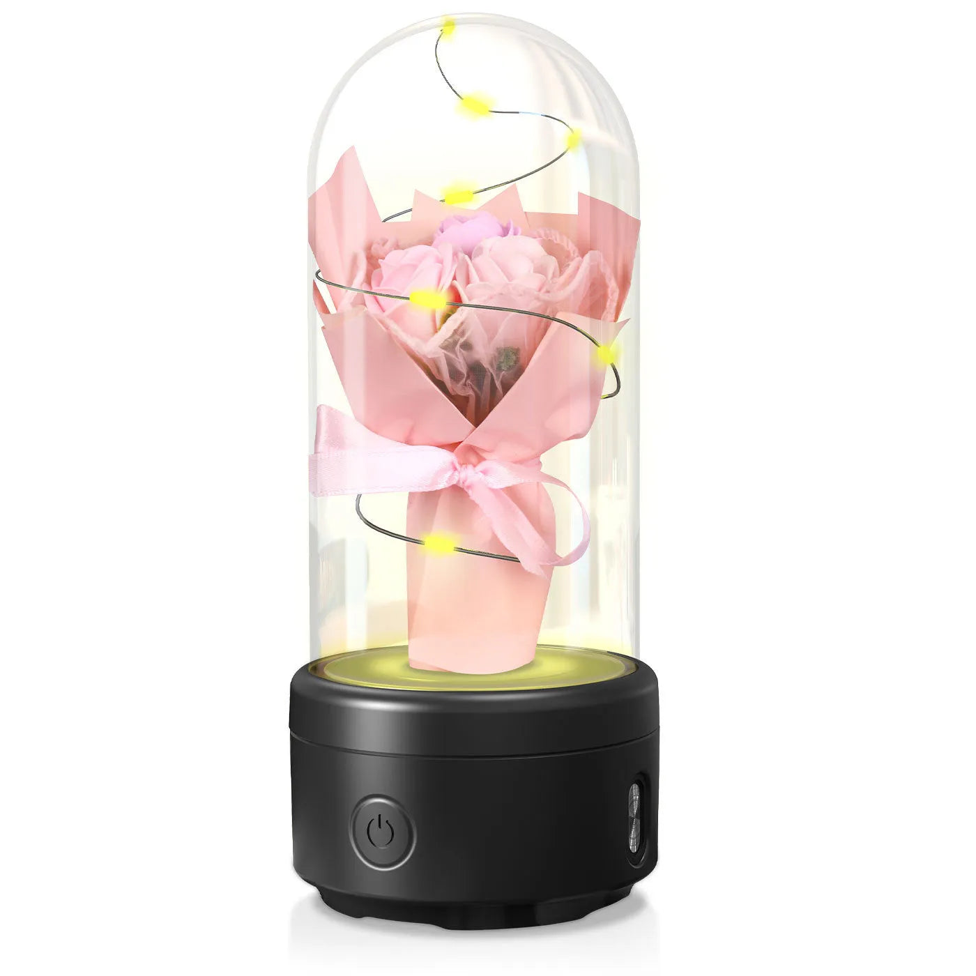 Rose-shaped LED bouquet night light with Bluetooth speaker enclosed in glass cover