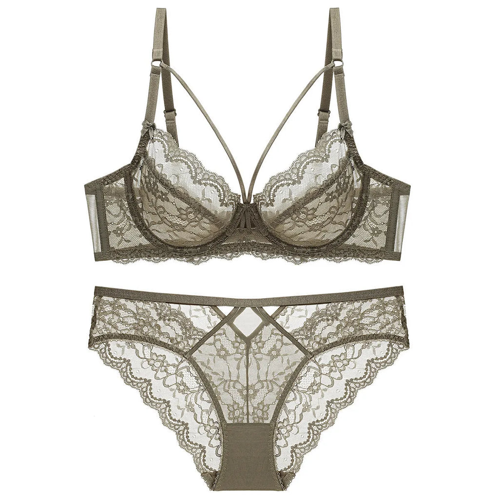 Transparent nylon bra and knickers set in white with ultra-thin 3/4 cup and fixed double straps