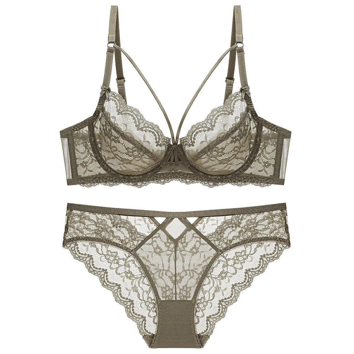 Transparent nylon bra and knickers set in white with ultra-thin 3/4 cup and fixed double straps