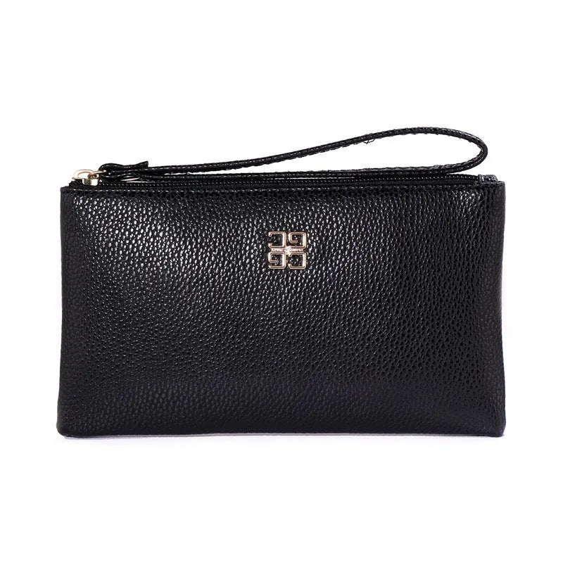 Long wine red PU leather phone wallet handbag with zip closure and sewing line detail.