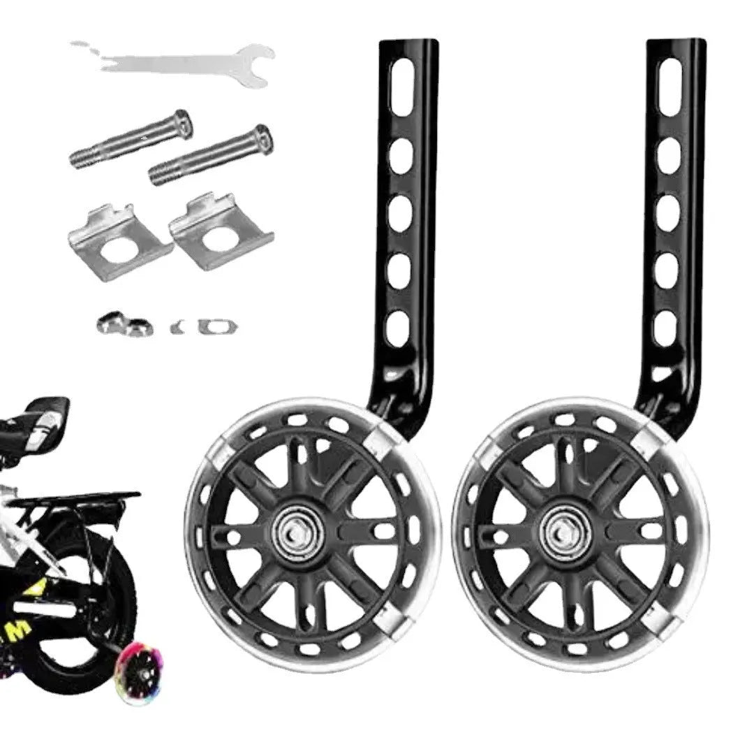 Children's metal bicycle training wheels with universal bracket in assorted colours including red, blue, and yellow.