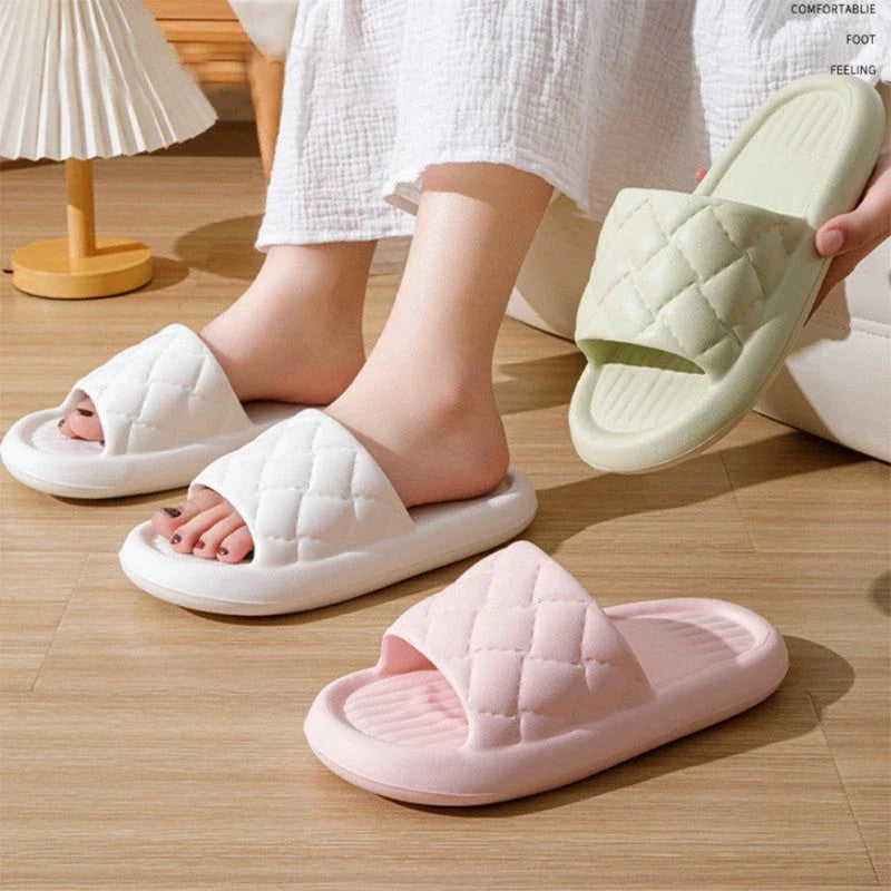 Stylish and comfortable rhombus-patterned slippers for indoor and bathroom use, featuring breathable, waterproof, and non-slip design in multiple vibrant colors.